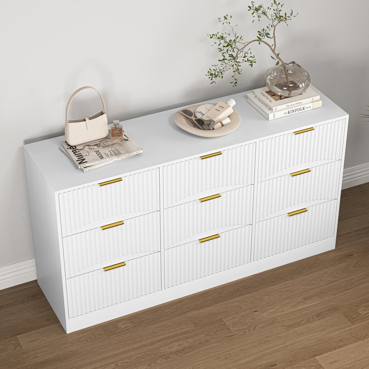 9 Drawer Dresser, 63" Large Deep Chest of Drawers, Wooden Dresser Storage Cabinet for Bedroom, Long Dressers for Living Room, Hallway, Drawer panel with wavy patterns,White