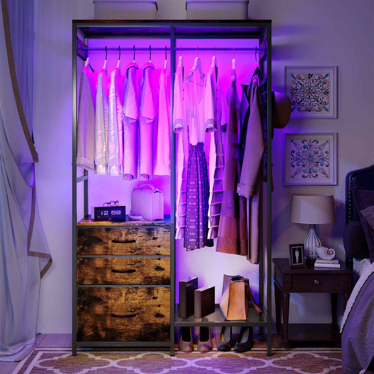 Dresser with LED Hanging Rack & 8 Drawers with LED Lights,with Shoe & Storage Shelf for Bedroom,living room,Brown