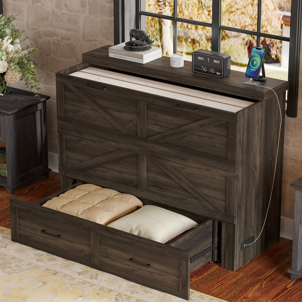 Full Size Farmhouse Murphy Cabinet Bed with Charging Station, Foldable Platform Bed with Large Storage Drawer for Guest-Room, Small Bedroom, Rustic Gray