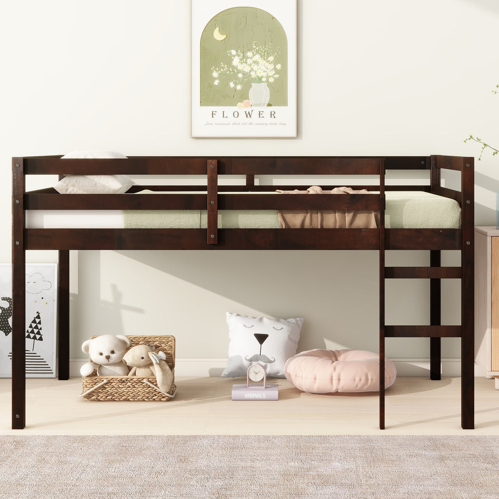 Twin Low Loft Bed Frame, Solid Wood Elevated Bed with Guardrail, Space Saving Loft Bed for Bedroom, Espresso