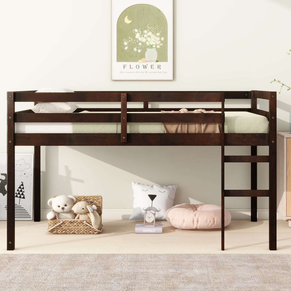 Twin Low Loft Bed Frame, Solid Wood Elevated Bed with Guardrail, Space Saving Loft Bed for Bedroom, Espresso