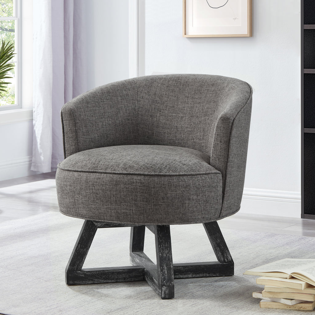 360° Swivel Accent Chair, Barrel Chair with Solid Wood Base, Linen Fabric Armchair, Dark Gray