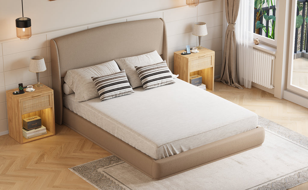 NYBOPAVIS Queen Size Upholstered Bed Frame with Wingback Headboard, Wooden Frame with Brown Linen Fabric, No Box Spring Needed, Easy Assembly