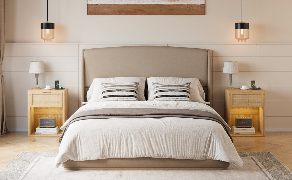 NYBOPAVIS Queen Size Upholstered Bed Frame with Wingback Headboard, Wooden Frame with Brown Linen Fabric, No Box Spring Needed, Easy Assembly