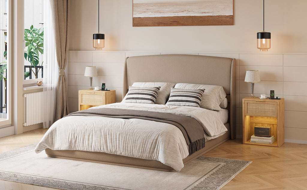 NYBOPAVIS Queen Size Upholstered Bed Frame with Wingback Headboard, Wooden Frame with Brown Linen Fabric, No Box Spring Needed, Easy Assembly