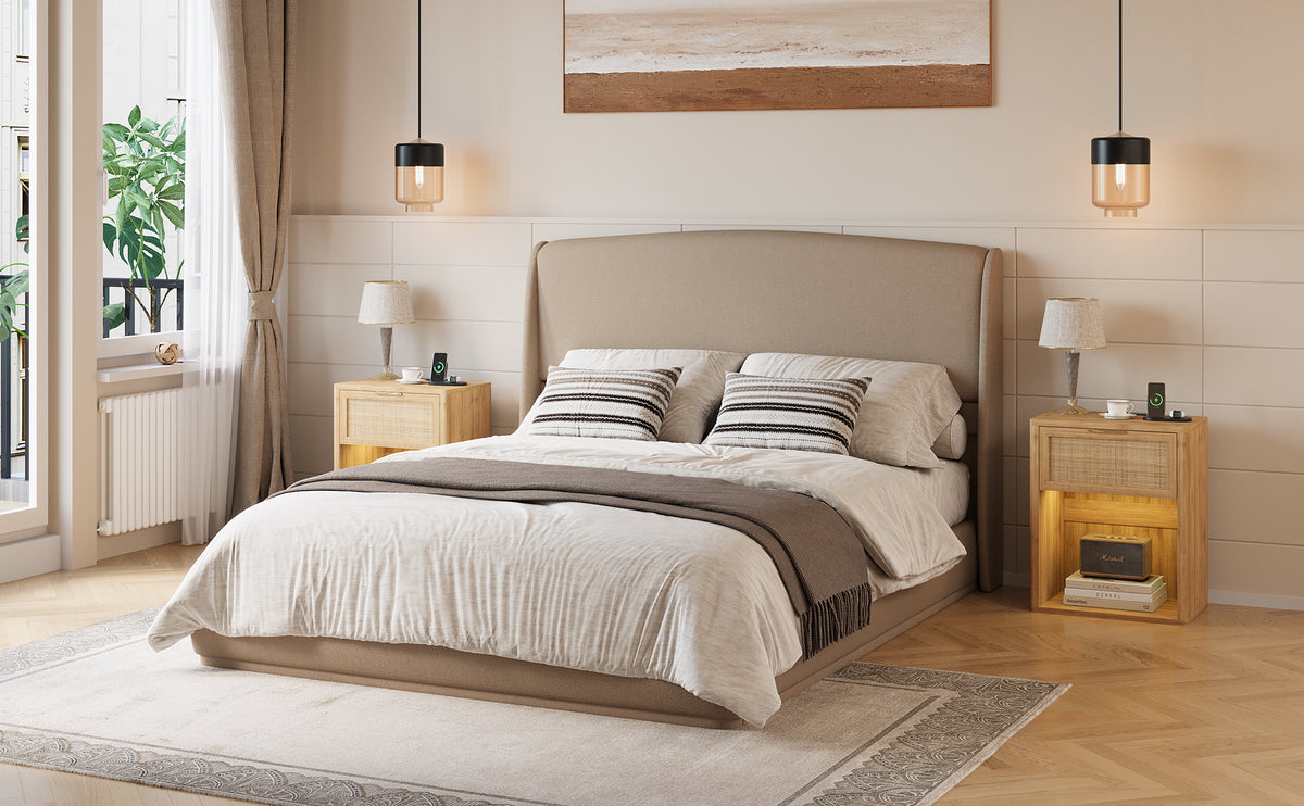 NYBOPAVIS Queen Size Upholstered Bed Frame with Wingback Headboard, Wooden Frame with Brown Linen Fabric, No Box Spring Needed, Easy Assembly