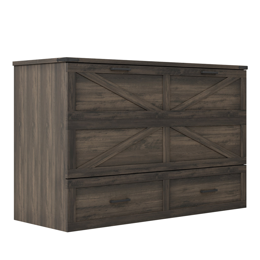 Queen Size Farmhouse Murphy Cabinet Bed with Charging Station, Foldable Platform Bed with Large Storage Drawer for Guest-Room, Small Bedroom, Rustic Gray