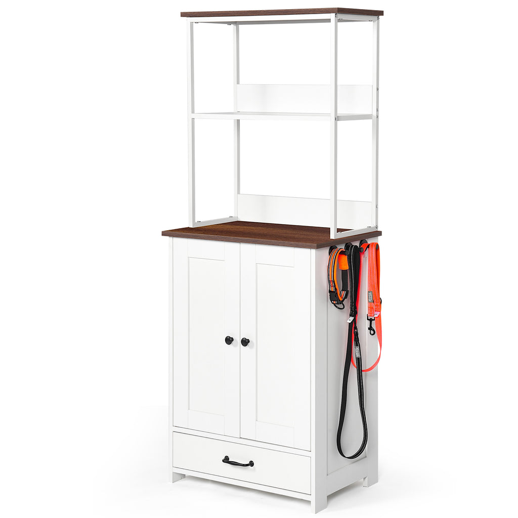 White Pet Feeding Station with Storage Cabinet, 2 Feeding Bowls and Adjustable Baffle Panel for Dog Cat