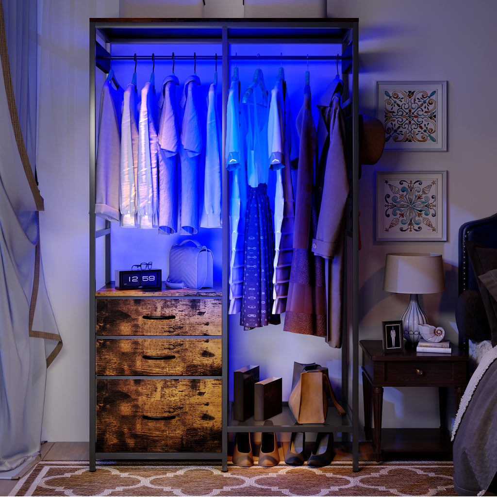 Dresser with LED Hanging Rack & 8 Drawers with LED Lights,with Shoe & Storage Shelf for Bedroom,living room,Brown
