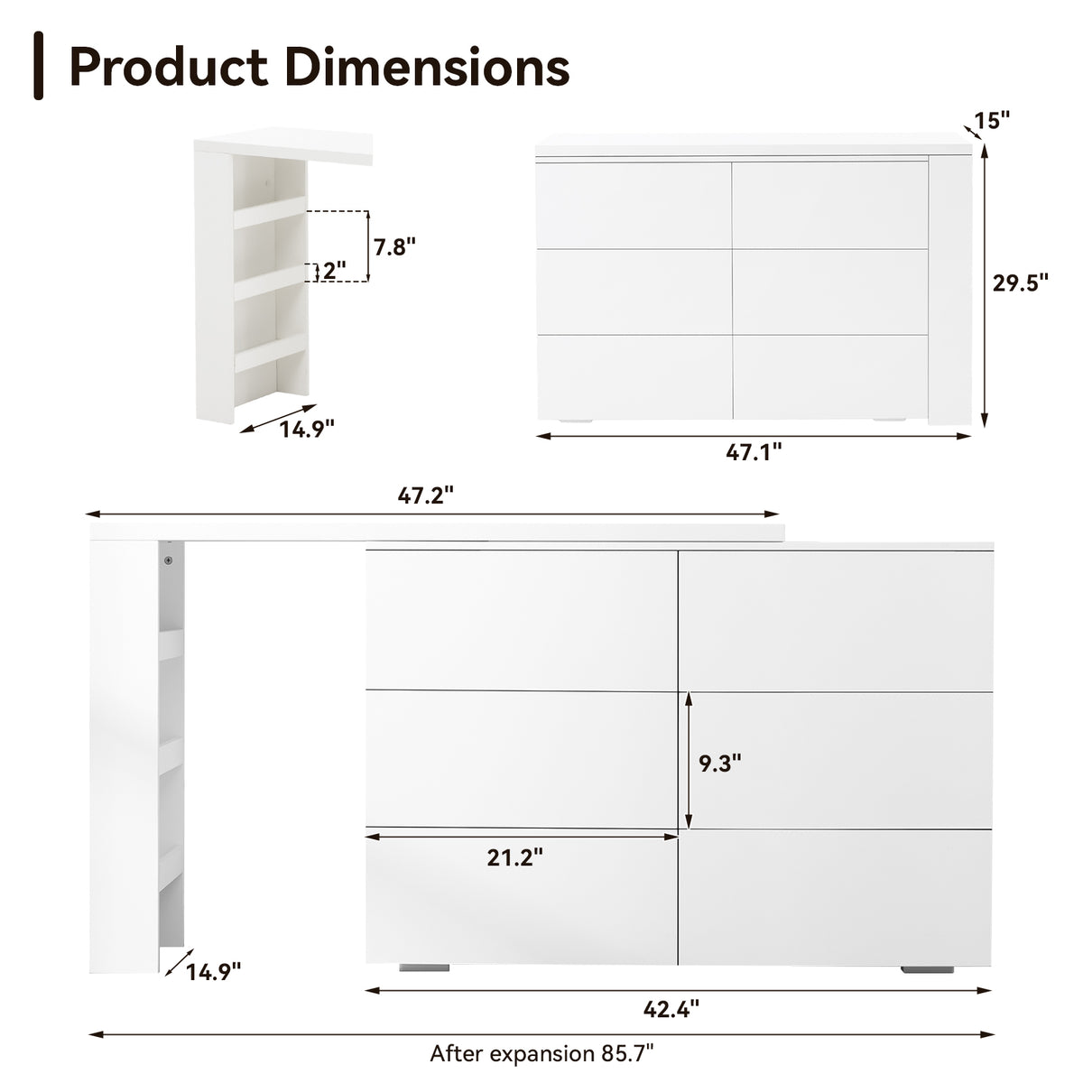 6 Drawers White Dresser, L-Shaped Wood Storage Cabinet for Clothes, 64" Wide wooden dresser for bedroom