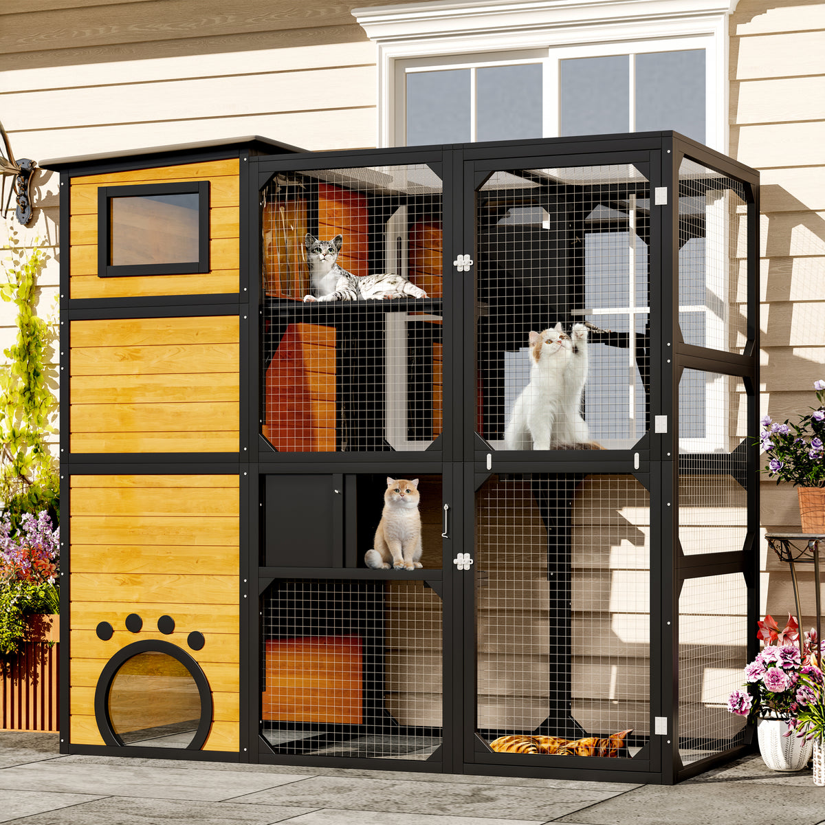 77'' Large Catio Outdoor Cat Enclosure, 4-tier Cat House Outdoor with Asphalt Roof, Wooden, Pine