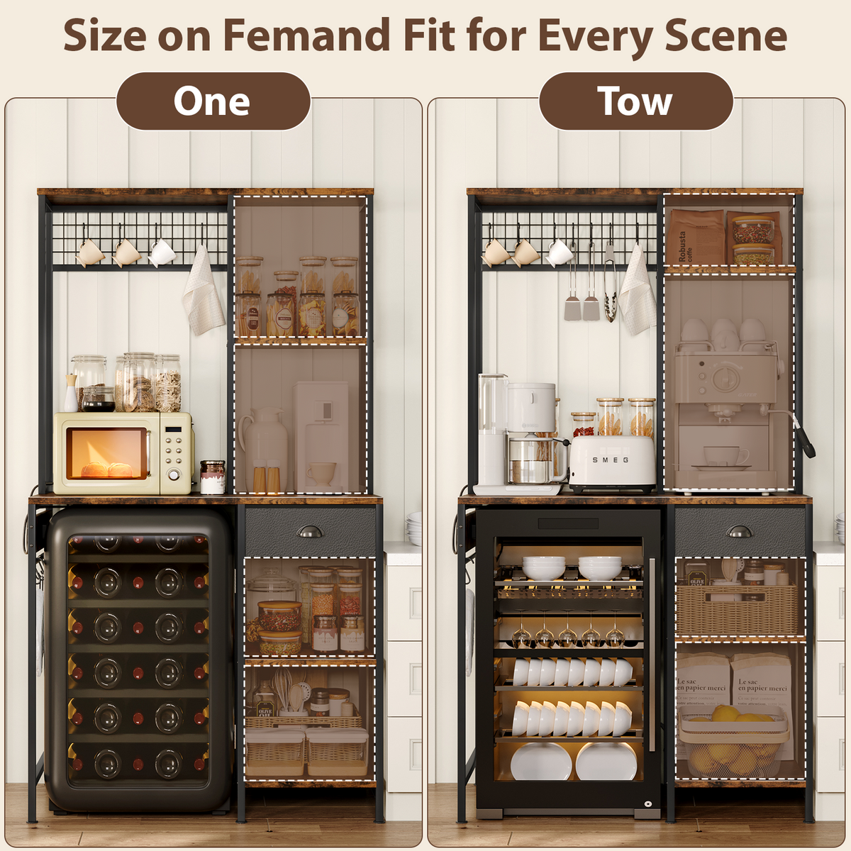 3 Tire Large Bakers Rack with Power Outlets & Adjustable Shelves, Large Coffee Bar Station with 8 Hooks,Kitchen Shelf Rack for Spices, Pots (Rustic Brown)