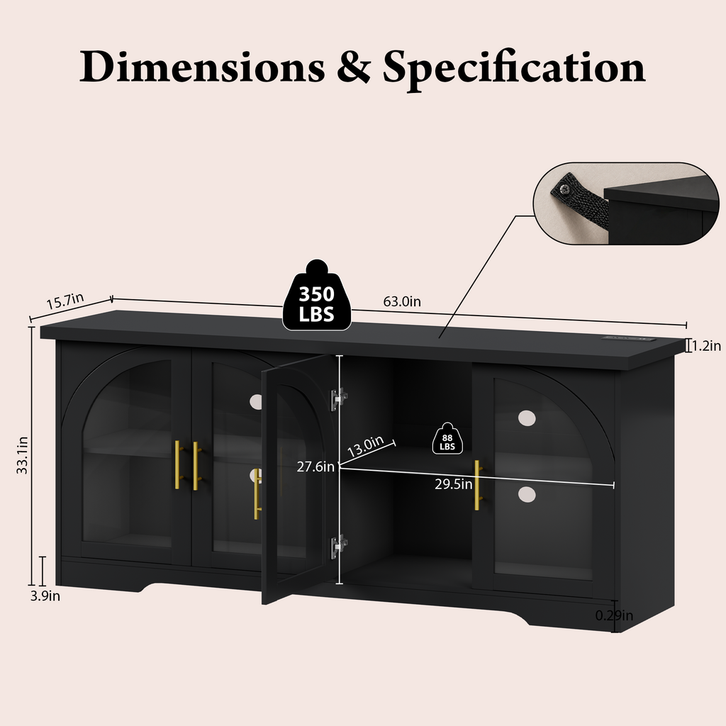 Arched Buffet Cabinet with Power Outlet & LED Lights, Kitchen Side Storage Organizer with Adjustable Shelves for Living Room, Kitchen,Entryway,Black