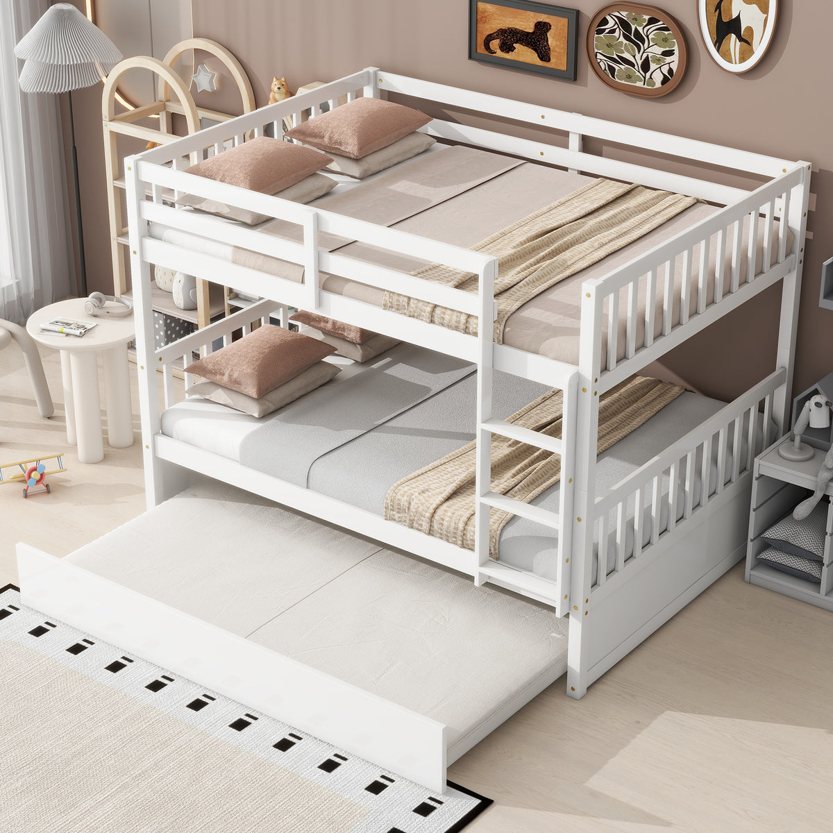 Full Bunk Bed with Pull-Out Trundle, Convertible Bunk Bed to 2 Single Beds, Solid Wood Bed Frame with Ladder & Guardrail, White