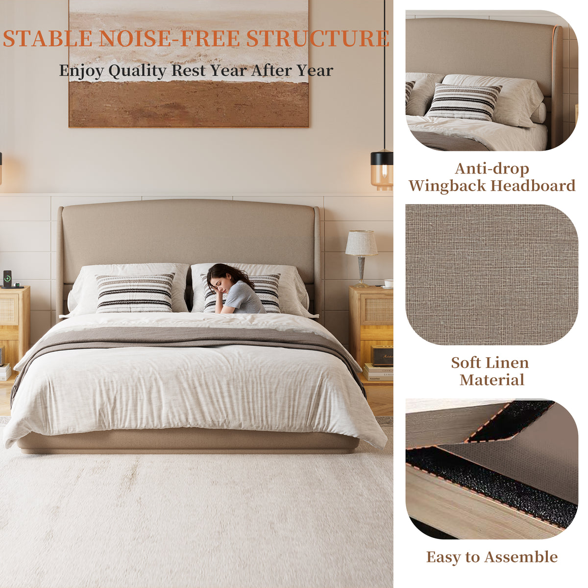 NYBOPAVIS Queen Size Upholstered Bed Frame with Wingback Headboard, Wooden Frame with Brown Linen Fabric, No Box Spring Needed, Easy Assembly