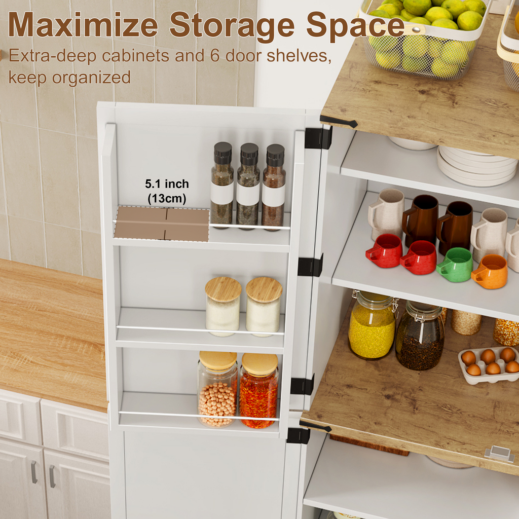 72.8'' Tall Kitchen Pantry Cabinet with 4 Barn Doors,Wood Storage Cabinet with Adjustable Shelves for Dining Room Living Room, White