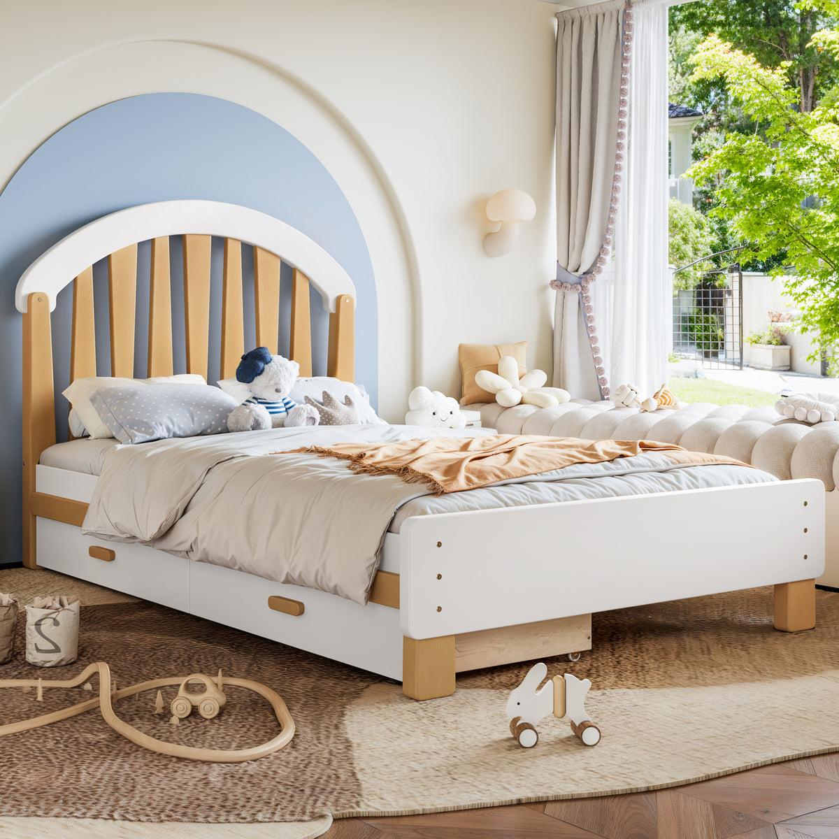 NYBOPAVIS Twin Size Bed Frame, Wood Platform Bed with Storage Drawers, No Box Spring Required, White & Natural