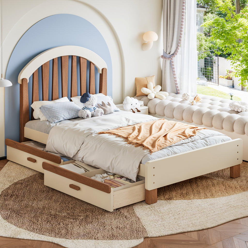 NYBOPAVIS Twin Size Bed Frame, Wood Platform Bed with Storage Drawers, No Box Spring Required, Beige & Brown