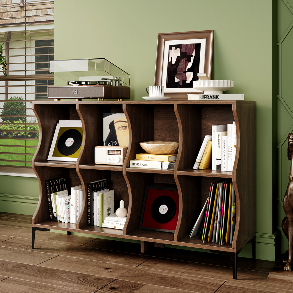 NYBOPAVIS 49.6 Inch Horizontal Bookshelf, 8-Cube Storage Organizer with Base, 2-Tier Wooden Low Bookcase for Living Room, Bedroom, Home Office, Walnut