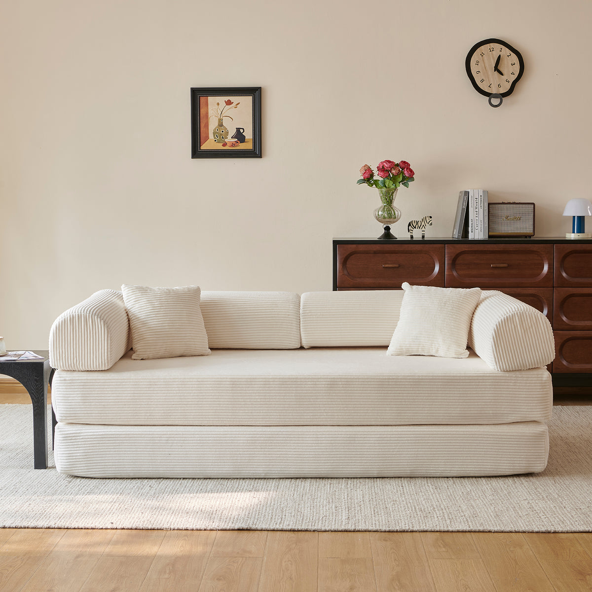 Compressed Convertible Floor Sofa Bed, Boneless Modular Sectional Futon Couch with Pillow Back & Armrest, Corduroy Fabric Loveseat for Living Room Bedroom, White