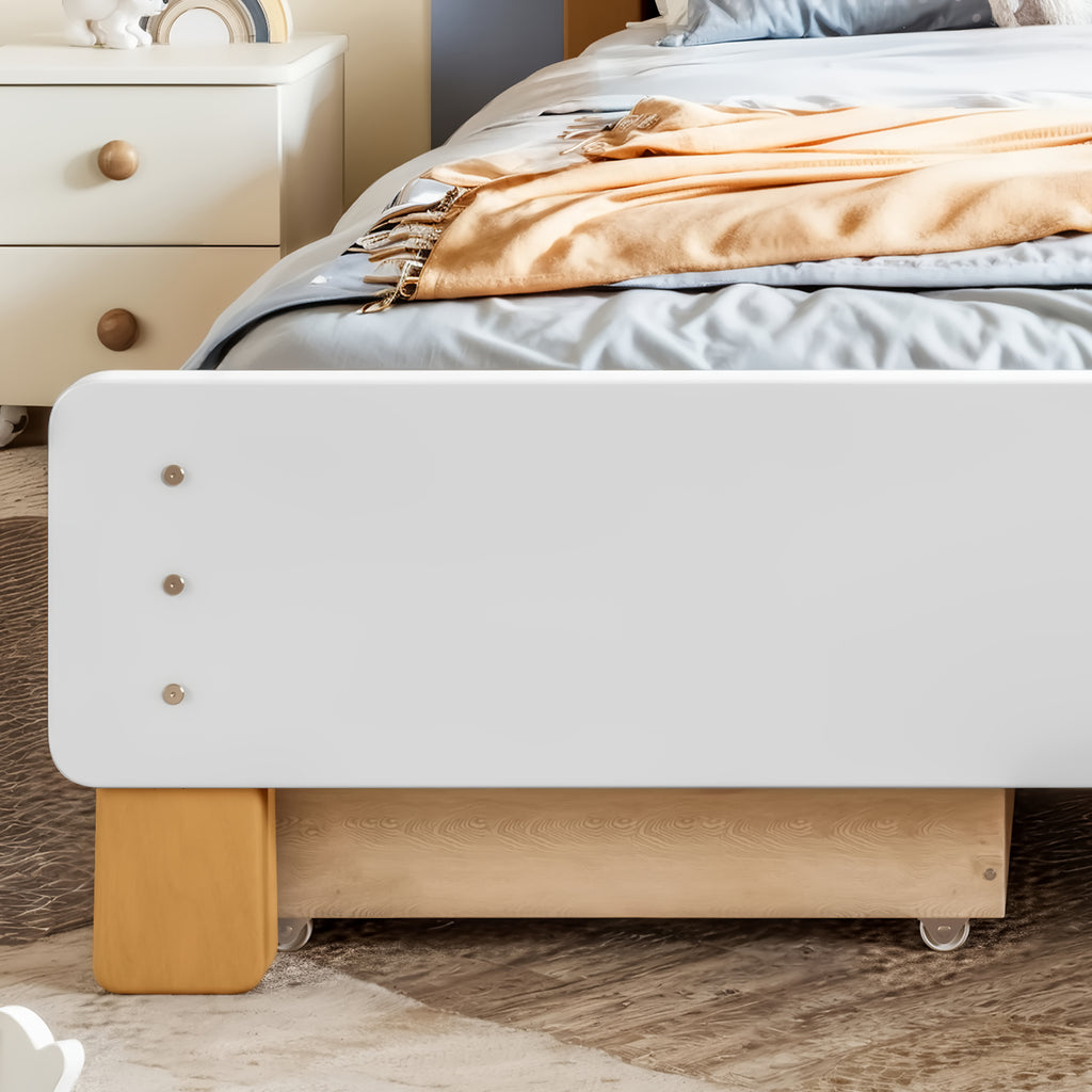 NYBOPAVIS Twin Size Bed Frame, Wood Platform Bed with Storage Drawers, No Box Spring Required, White & Natural