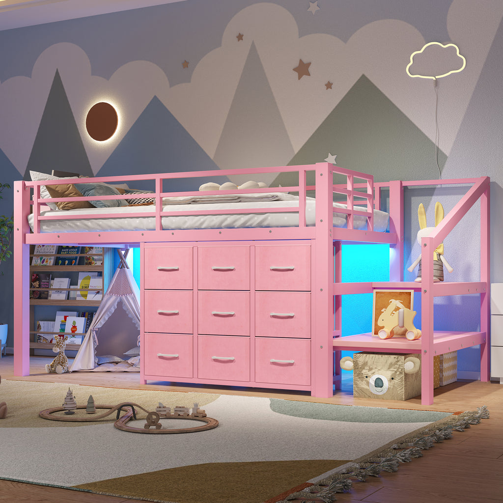NYBOPAVIS Twin Loft Bed Frame with Convertible Stairs, 9 Drawers & LED Lights, Metal Low Loft Bed with Storage Stairs, Pink