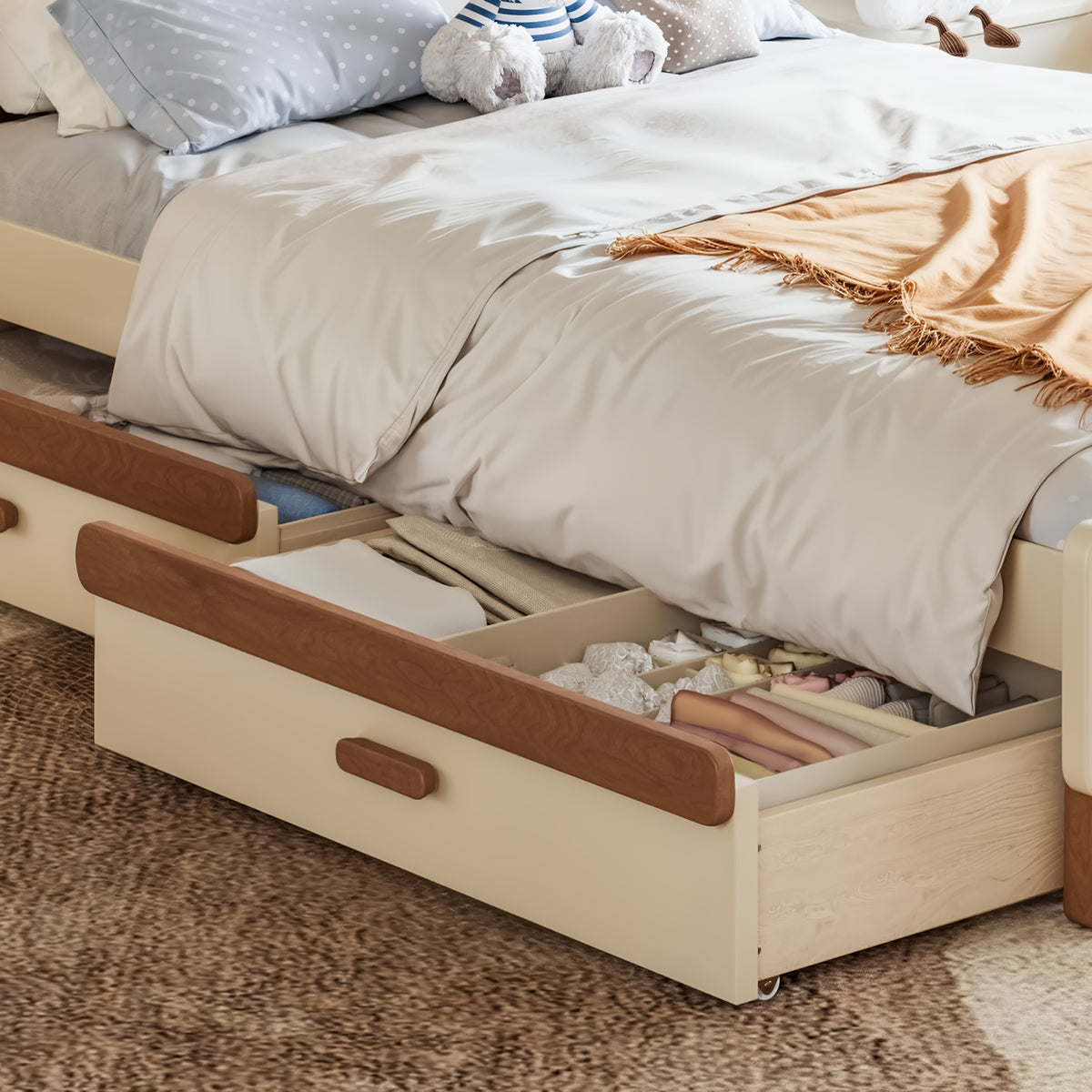 NYBOPAVIS Twin Size Bed Frame, Wood Platform Bed with Storage Drawers, No Box Spring Required, Beige & Brown