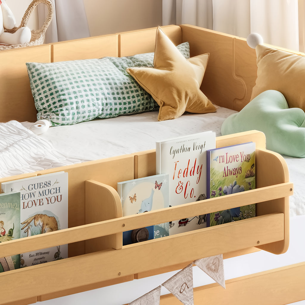 NYBOPAVIS Twin Size Floor Bed with Slats and Safety Guardrail, Montessori Floor Bed with Fence and Door, Easy Assemble Montessori Beds, White & Natural