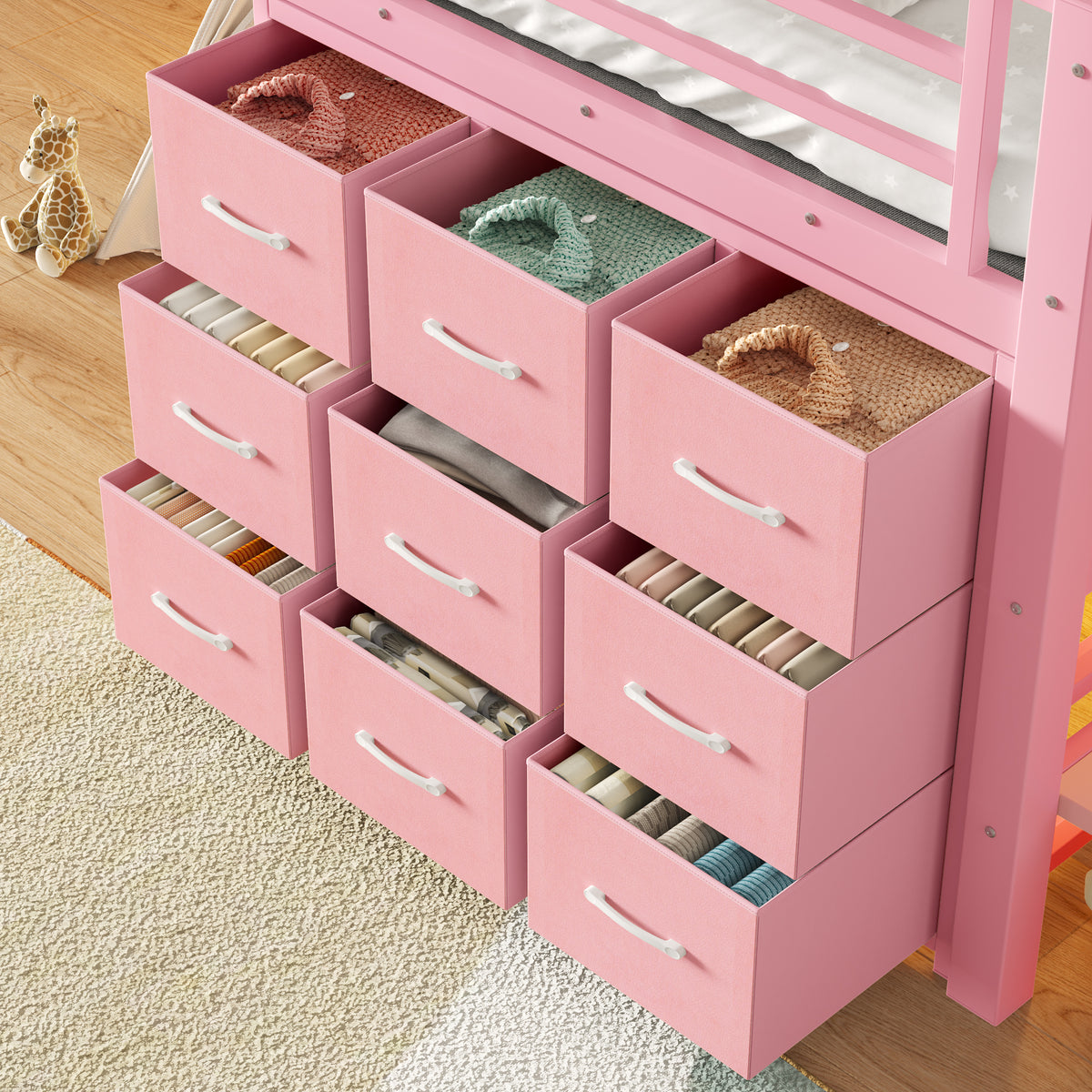 NYBOPAVIS Twin Loft Bed Frame with Convertible Stairs, 9 Drawers & LED Lights, Metal Low Loft Bed with Storage Stairs, Pink