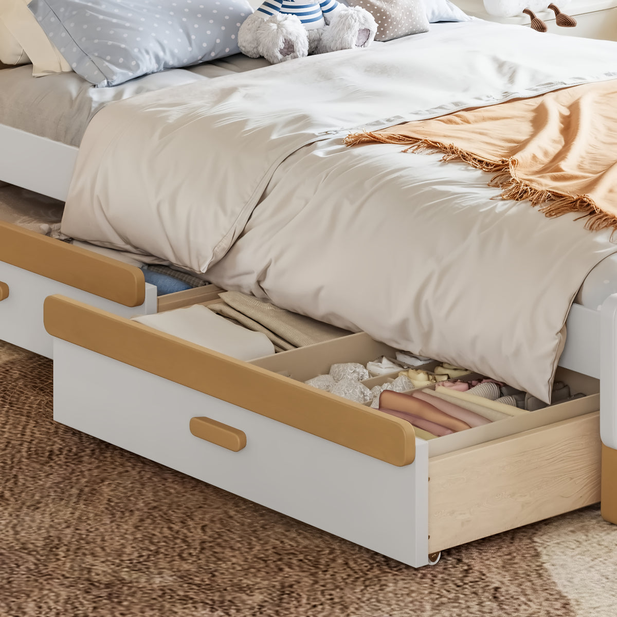 NYBOPAVIS Twin Size Bed Frame, Wood Platform Bed with Storage Drawers, No Box Spring Required, White & Natural