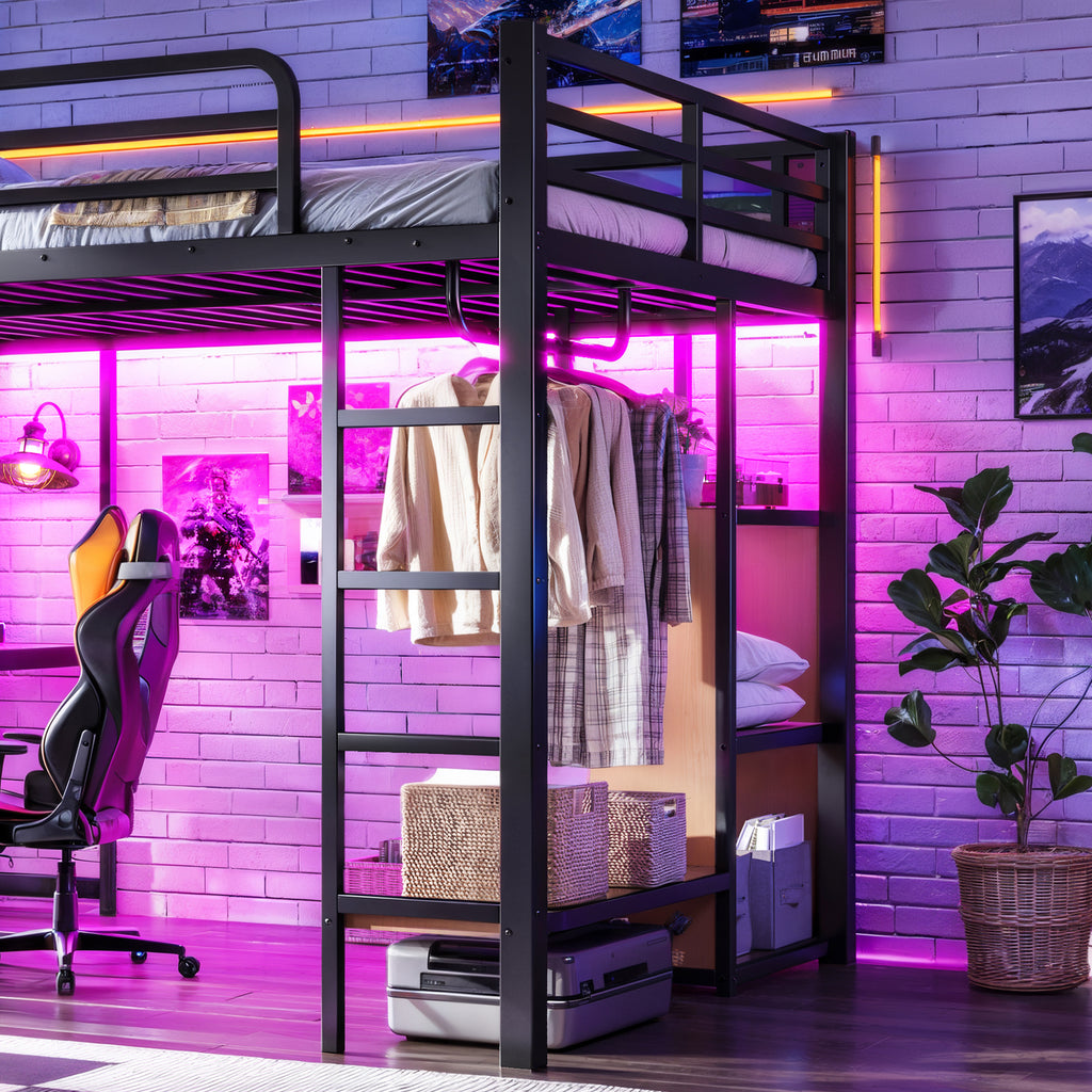 NYBOPAVIS Queen Size Loft Bed with Desk&Charging Station, LED Lights&Clothing Rack, Full Metal Loft Bed with Storage Shelves&Cave Board Design, Black