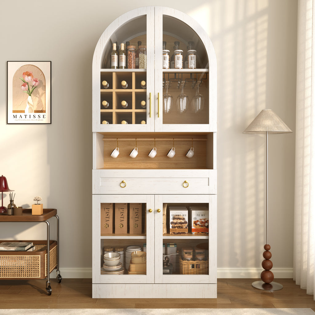 NYBOPAVIS Tall Display Cabinet, 71" Arched Bar Cabinet with Doors & Shelves , Glass Door Liquor Cabinet Mini Home Bar with Wine Rack & Drawers, White