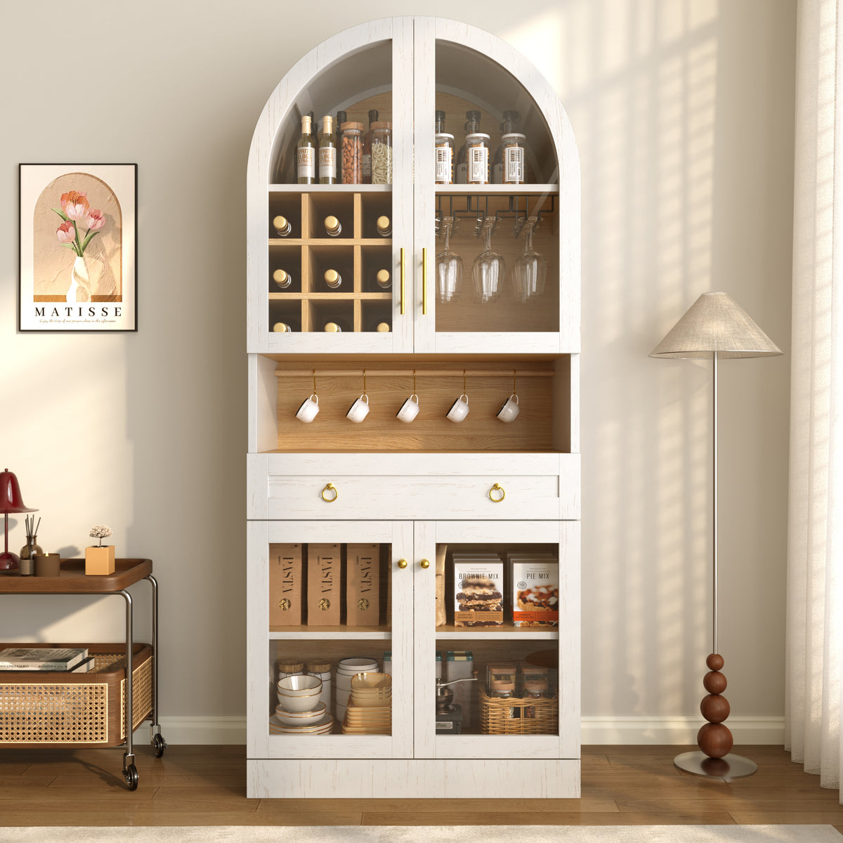 NYBOPAVIS Tall Display Cabinet, 71" Arched Bar Cabinet with Doors & Shelves , Glass Door Liquor Cabinet Mini Home Bar with Wine Rack & Drawers, White