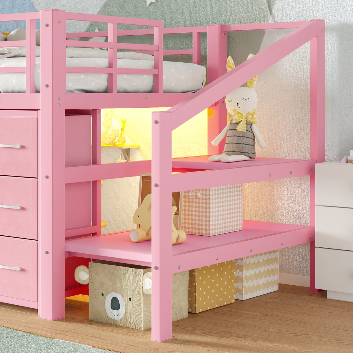 NYBOPAVIS Twin Loft Bed Frame with Convertible Stairs, 9 Drawers & LED Lights, Metal Low Loft Bed with Storage Stairs, Pink