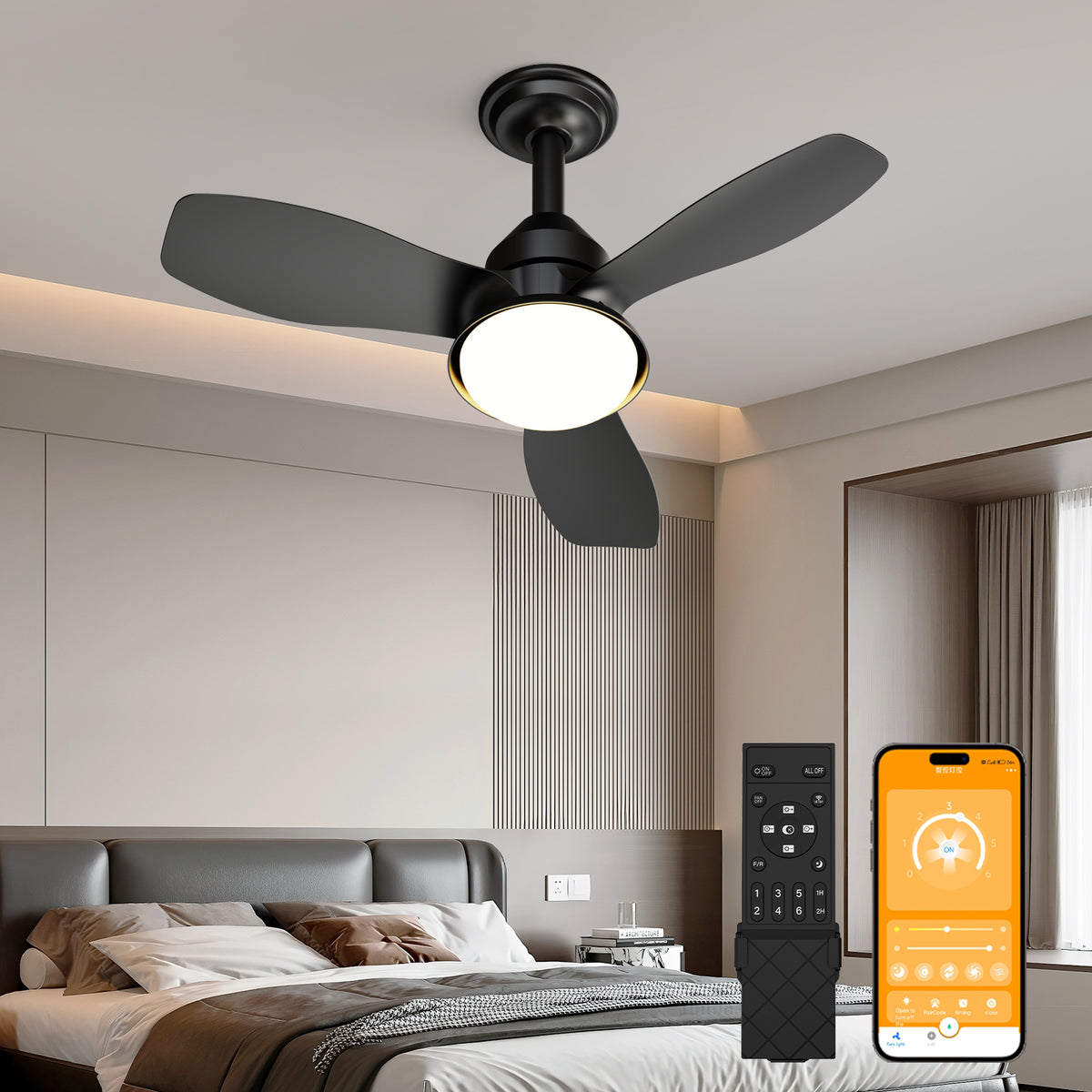 24.4" Low Profile Ceiling Fan with Light, Dimmable LED, 6-Speed & Quiet DC Motor, Remote Control, 3 Blades for Indoor/Outdoor, Black