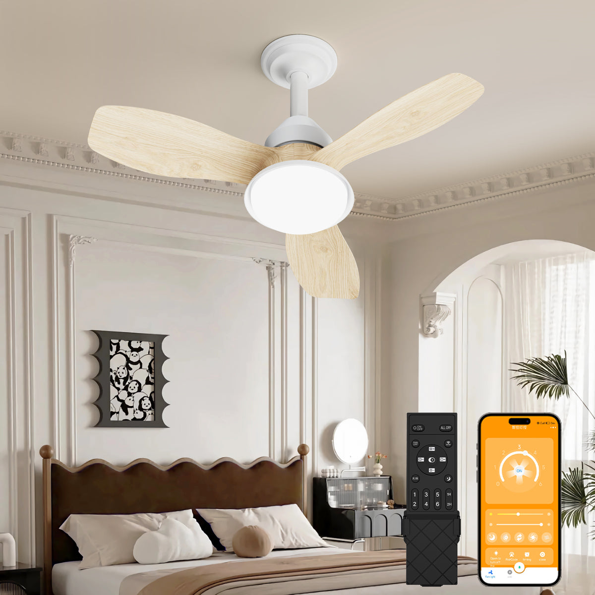 24.4" Low Profile Ceiling Fan with Light, Dimmable LED, 6-Speed & Quiet DC Motor, Remote Control, 3 Blades for Indoor/Outdoor, Wood