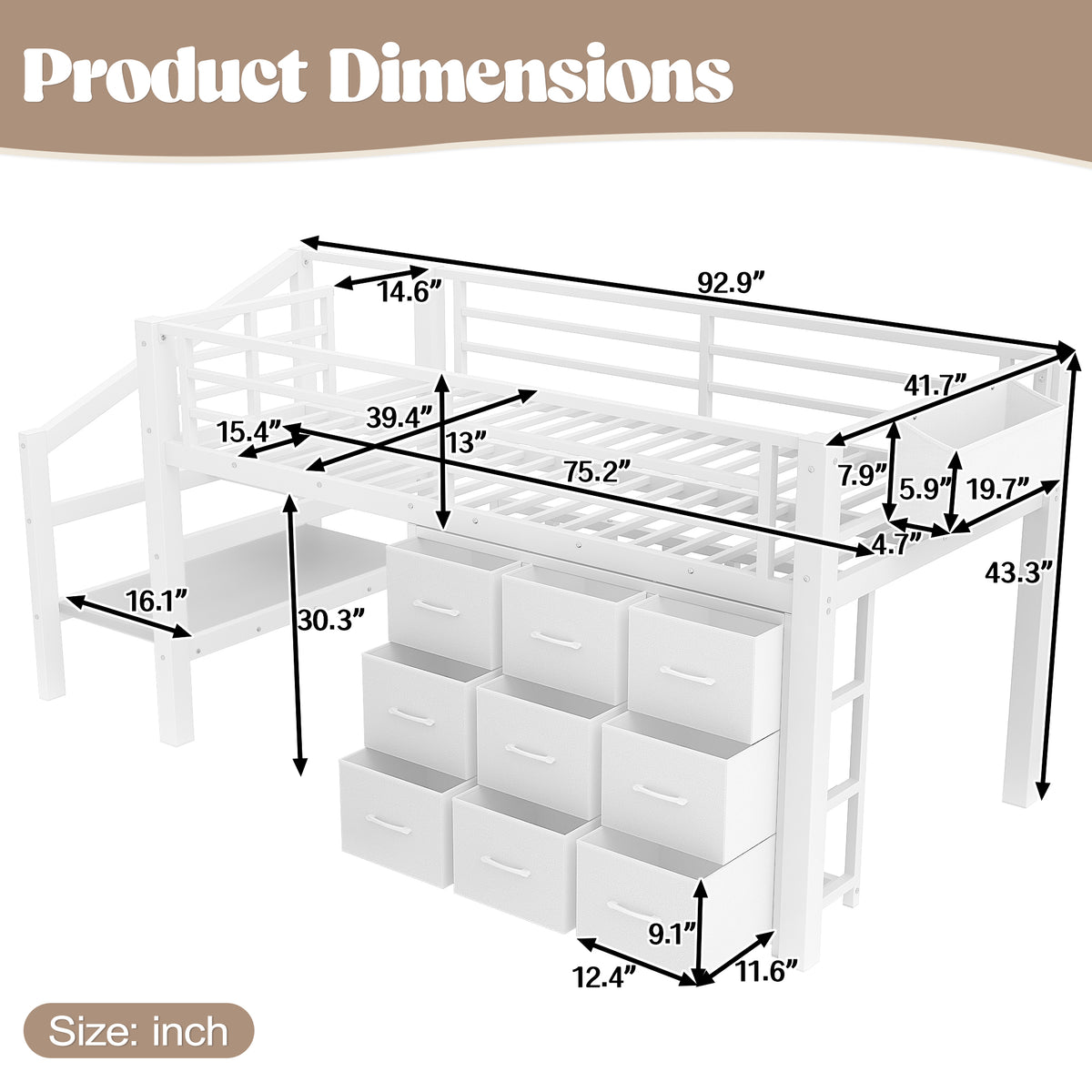 Twin Loft Bed Frame with Convertible Stairs, 9 Drawers & LED Lights, Metal Low Loft Bed with Storage Stairs, White