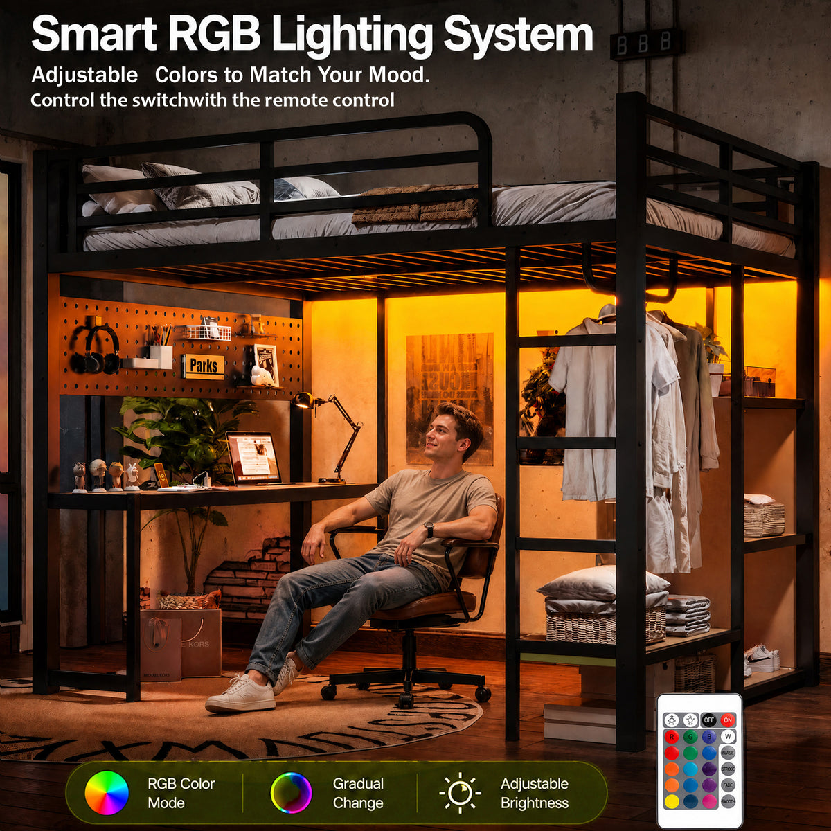 NYBOPAVIS Full Size Loft Bed with Desk&Charging Station, LED Lights&Clothing Rack, Full Metal Loft Bed with Storage Shelves&Cave Board Design, Black