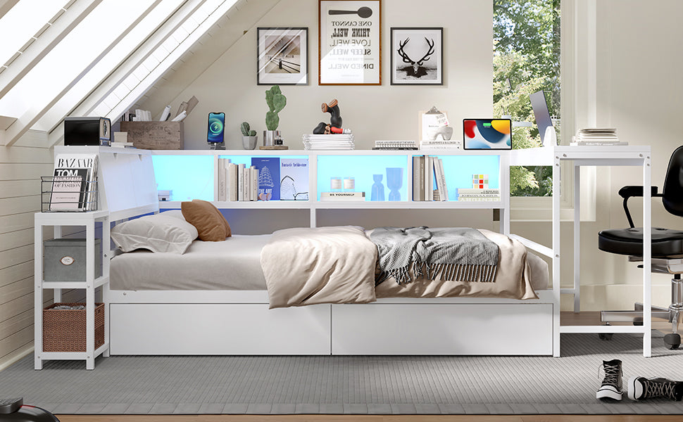 Twin Size Corner Bed Frame with Bookcase & 2 Underbed Storage Drawers, Modern Bed with LED Light and Charging Station, Left and Right Interchangeable, White