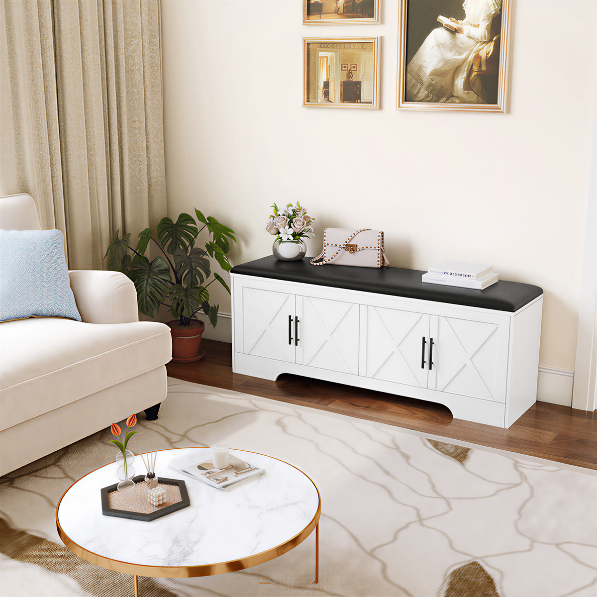 NYBOPAVIS 47" Upholstered Storage Bench with Storage & Cushion, Wooden Storage Bench with Safety Hinges for Entryway, Bedroom, White