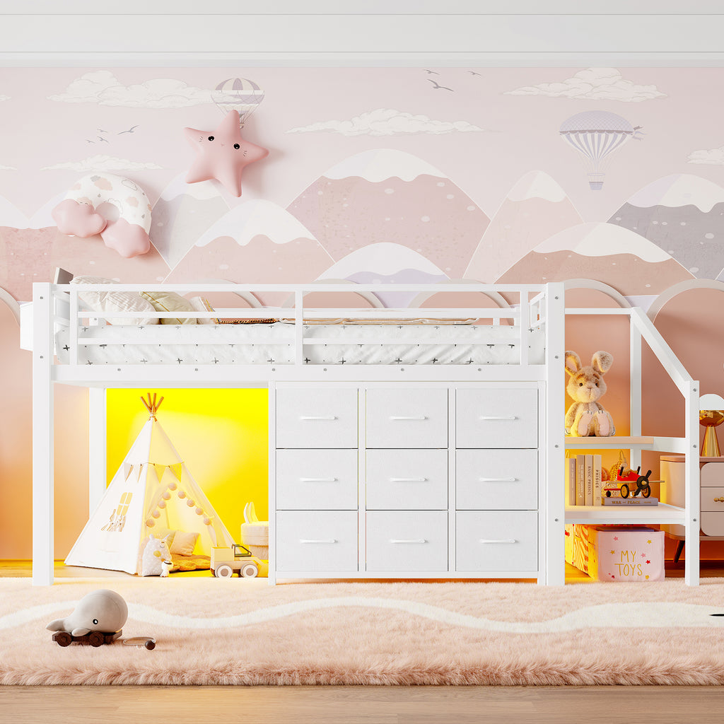 Twin Loft Bed Frame with Convertible Stairs, 9 Drawers & LED Lights, Metal Low Loft Bed with Storage Stairs, White