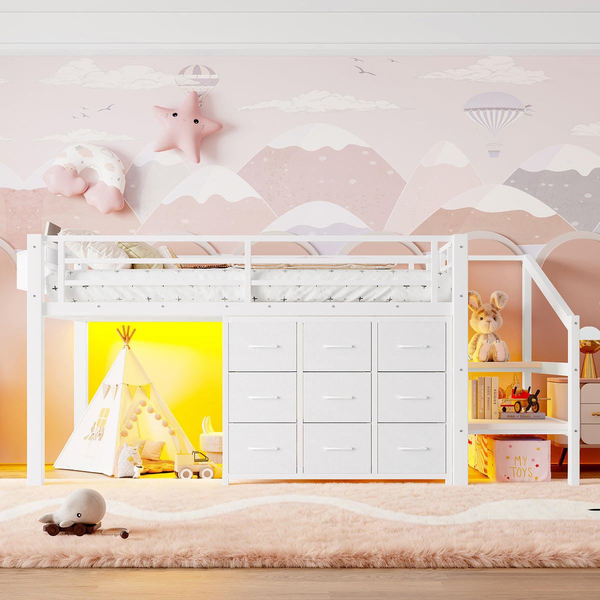 Twin Loft Bed Frame with Convertible Stairs, 9 Drawers & LED Lights, Metal Low Loft Bed with Storage Stairs, White