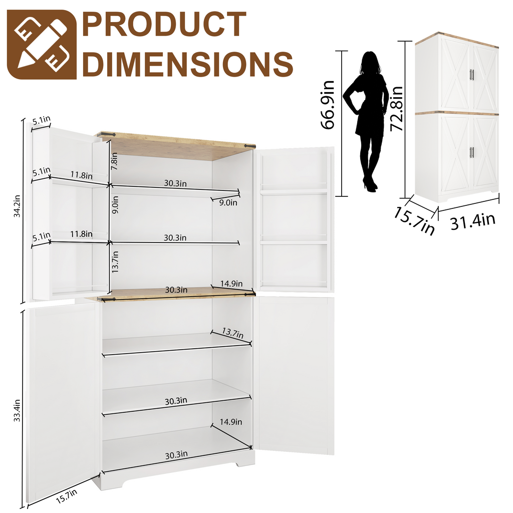 72.8'' Tall Kitchen Pantry Cabinet with 4 Barn Doors,Wood Storage Cabinet with Adjustable Shelves for Dining Room Living Room, White