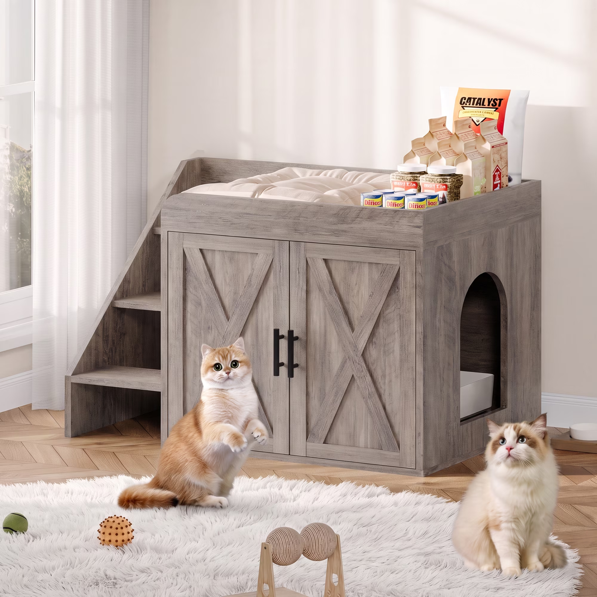 Cat Litter Box Enclosure, 32" Hidden Litter Box Furniture with Pet Stairs , Cat Washroom with Large Interior, Farmhouse Indoor Litter Box Cabinet, Grey