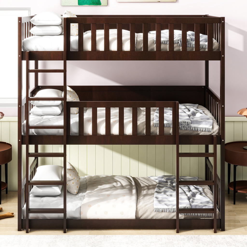 Triple Bunk Bed Frame, Convertible to 3 Single Beds, Solid Wood Bed with Ladders & Guardrails, Espresso