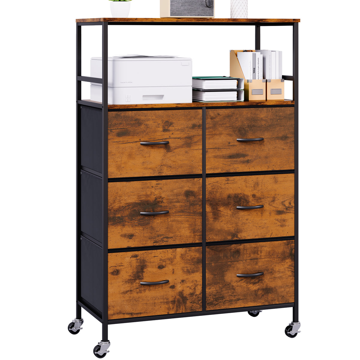 File Storage Cabinet with Adjusted Size 6 Drawers,4 Wheels Vertical Wood File Cabinet for Hanging A4/F4/Letter/Legal Rustic Brown
