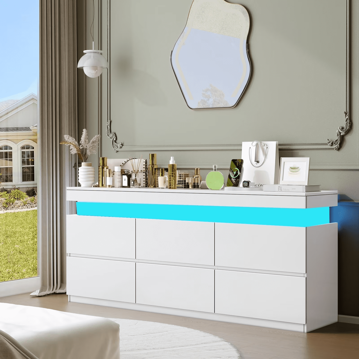 NYBOPAVIS 6 Drawer Dresser for Bedroom, Chest of Drawers with LED Light, TV Stand with Drawers White