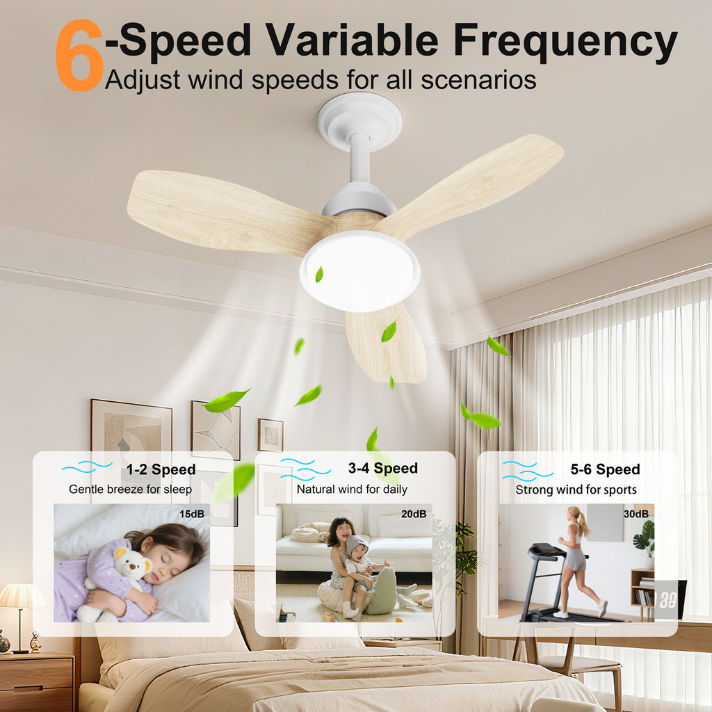 24.4" Low Profile Ceiling Fan with Light, Dimmable LED, 6-Speed & Quiet DC Motor, Remote Control, 3 Blades for Indoor/Outdoor, Wood
