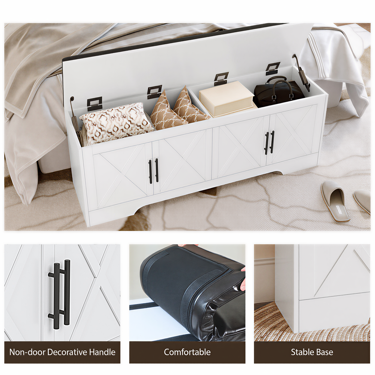 NYBOPAVIS 47" Upholstered Storage Bench with Storage & Cushion, Wooden Storage Bench with Safety Hinges for Entryway, Bedroom, White