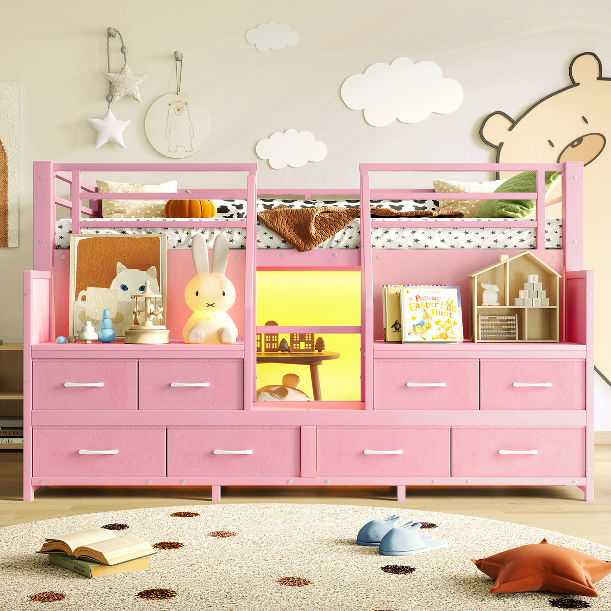 NYBOPAVIS Twin Metal Loft Bed Frame with 8 Drawers & LED Light, Independent Spaces under Bed with Stairs, Pink